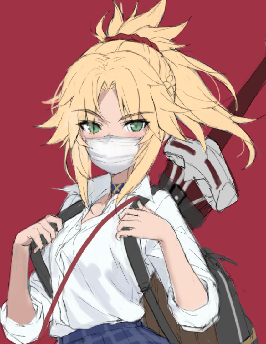 1girl backpack bag bangs blonde_hair blue_skirt blush braid breasts choker clarent collared_shirt dress_shirt fate/apocrypha fate_(series) french_braid green_eyes hair_ornament hair_scrunchie highres long_hair looking_at_viewer mask mordred_(fate) mordred_(fate)_(all) mouth_mask parted_bangs ponytail red_background red_scrunchie scrunchie shirt sidelocks simple_background skirt sleeves_rolled_up small_breasts surgical_mask sword tonee weapon white_shirt