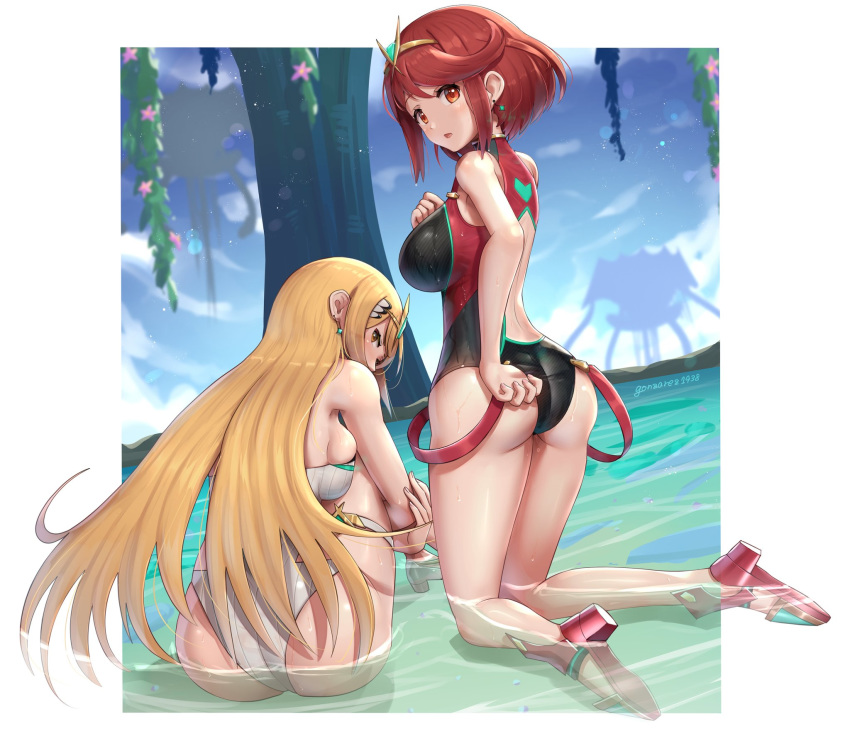 2girls ass blonde_hair breasts gonzarez highres mythra_(xenoblade) pyra_(xenoblade) large_breasts multiple_girls one-piece_swimsuit red_eyes redhead swimsuit thick_thighs thighs water xenoblade_(series) xenoblade_2 yellow_eyes