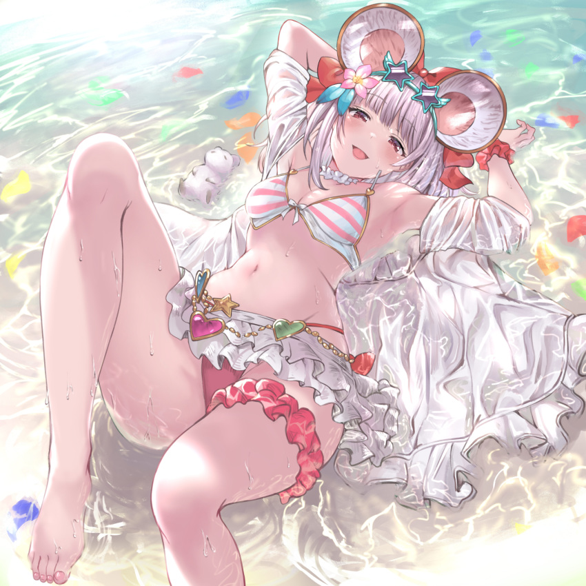 1girl aldehyde animal_ears armpits arms_up bangs bare_shoulders bikini blush breasts choker collarbone eyewear_on_head fake_animal_ears frilled_choker frills granblue_fantasy highres knee_up leg_garter legs looking_at_viewer lying microskirt mouse mouse_ears navel on_back open_mouth pink_bikini red_eyes shore short_hair skirt small_breasts smile star-shaped_eyewear striped striped_bikini sunglasses swimsuit thighs vikala_(granblue_fantasy) water wet white_hair