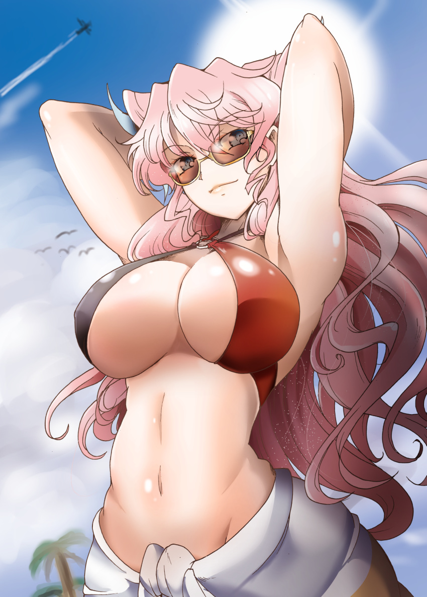1girl blue_eyes blue_sky breasts butterfly_hair_ornament day hair_ornament highres large_breasts lips long_hair looking_at_viewer maria_cadenzavna_eve millipen_(medium) outdoors sarong senki_zesshou_symphogear shiny shiny_hair shiny_skin sky smile solo standing suga_leon sunglasses swimsuit traditional_media