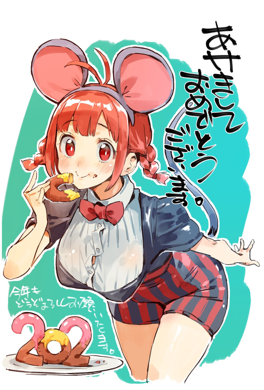 1girl animal_ears bent_over bow bowtie braid breasts bright_pupils collared_shirt cowboy_shot doughnut fake_animal_ears food food_on_face hairband hand_up high-waist_shorts highres large_breasts looking_at_viewer mouse_ears mouse_tail nonco original outline plate puffy_short_sleeves puffy_sleeves red_eyes red_neckwear redhead shirt short_hair short_sleeves shorts smile solo tail translation_request twin_braids twintails white_outline white_pupils white_shirt wing_collar