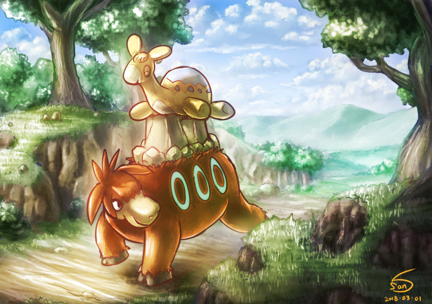 artist_name camerupt closed_eyes clouds dated day gen_3_pokemon grass nature no_humans numel outdoors pokemon pokemon_(creature) santoni smile tree