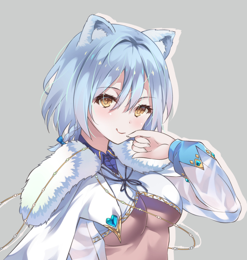 1girl animal_ear_fluff animal_ears bangs braid breasts capelet cat_ears character_request closed_mouth commentary_request fur_collar fur_trim grey_background hair_between_eyes hand_up highres iroha_(unyun) jewelry lavie_(pride_of_eden) long_sleeves looking_at_viewer medium_hair pride_of_eden see-through silver_hair simple_background smile solo tongue tongue_out under_boob upper_body yellow_eyes