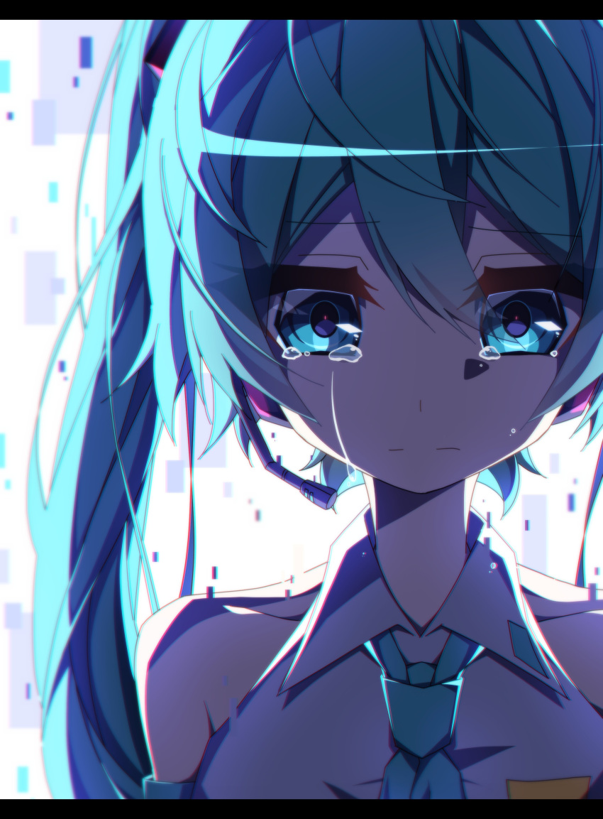 1girl absurdres aosaki_yato aqua_eyes aqua_hair aqua_neckwear backlighting bare_shoulders collarbone commentary crying crying_with_eyes_open detached_sleeves digital_dissolve hatsune_miku headphones headset highres long_hair looking_down necktie portrait shirt solo tears twintails vocaloid white_background white_shirt