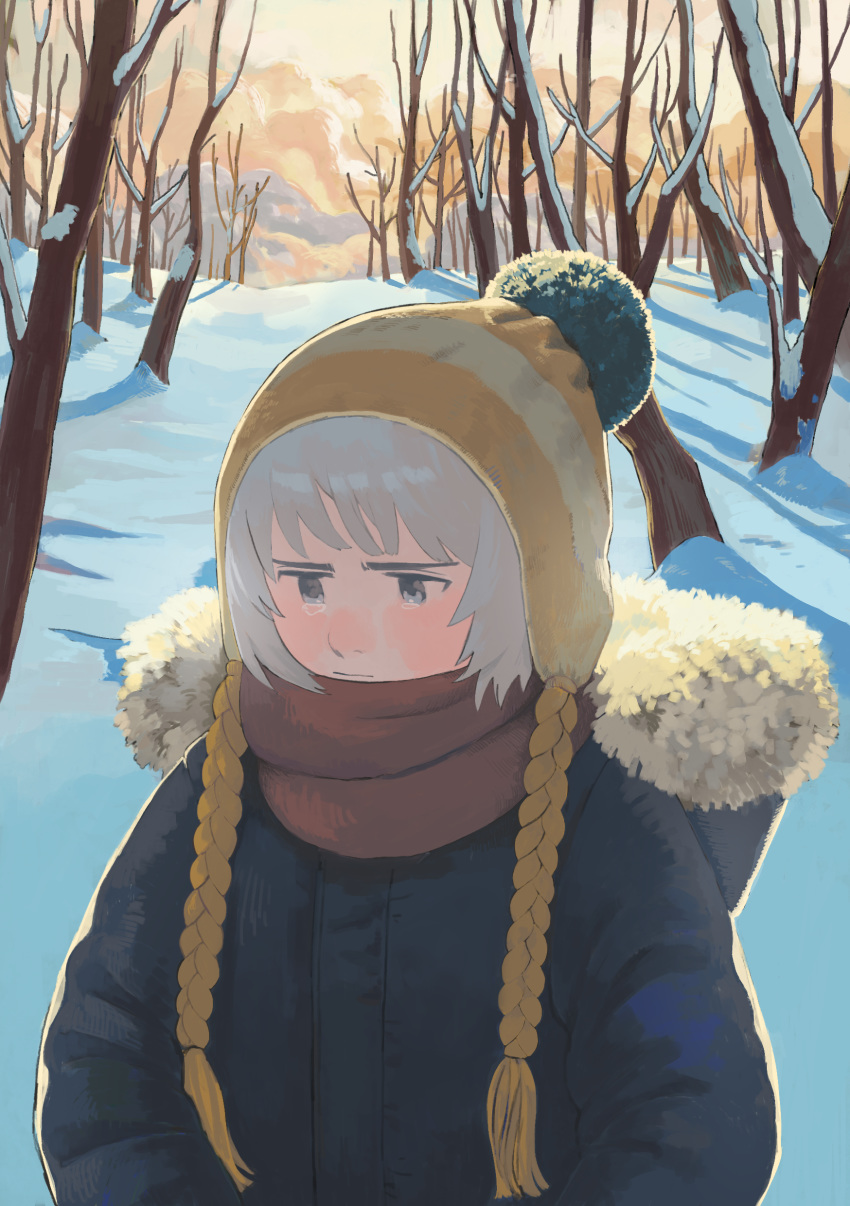1boy absurdres bare_tree black_coat black_hair brown_scarf closed_mouth coat commentary_request crying crying_with_eyes_open day evening highres long_sleeves male_focus orange_sky original outdoors platinum_blonde_hair scarf sky snow solo standing sunlight tears tree turquoise_iro winter_clothes