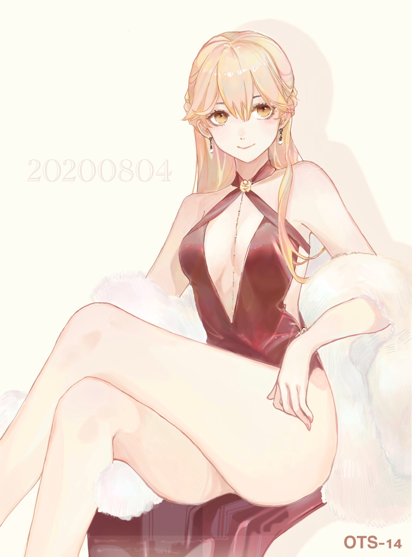 1girl bare_legs bare_shoulders bare_thighs blonde_hair braid breasts character_name crossed_legs dated dress earrings eyebrows_visible_through_hair fur girls_frontline hair_between_eyes highres jewelry legs long_hair looking_at_viewer nail_polish ots-14_(girls_frontline) pepper_cyanide red_dress simple_background sitting small_breasts smile solo thighs yellow_background yellow_eyes