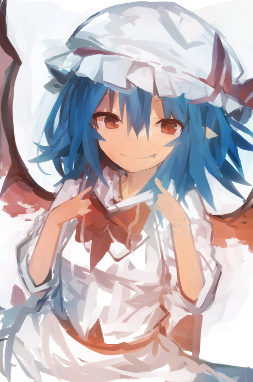 1girl absurdres bangs bat_wings blue_hair bow bowtie fang hair_between_eyes hat hat_ribbon highres kaamin_(mariarose753) mob_cap red_eyes red_neckwear red_ribbon remilia_scarlet ribbon shirt simple_background skirt skirt_set smile solo touhou white_background white_headwear white_shirt white_skirt wings