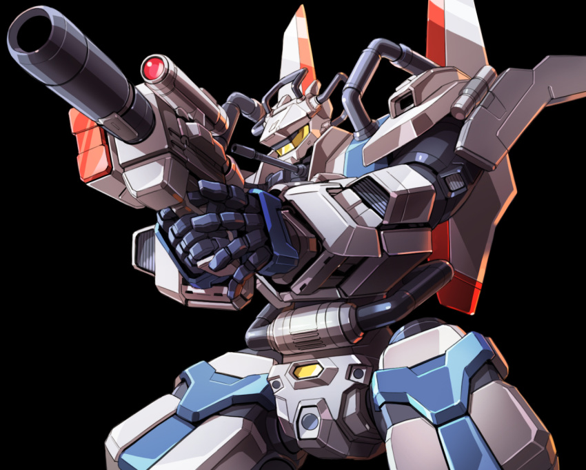 black_background copyright_request english_commentary gun holding holding_gun holding_weapon mecha mecha_request mechanical_wings no_humans solo taedu upper_body visor weapon wings
