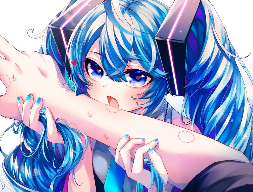 1girl absurdres bite_mark blue_eyes blue_hair blue_nails blue_neckwear commentary grey_shirt hair_ornament hatsune_miku heart heart_eyes highres holding_another's_arm long_hair looking_at_viewer nail_polish necktie open_mouth shirayuki_towa shirt solo twintails upper_body very_long_hair vocaloid white_background