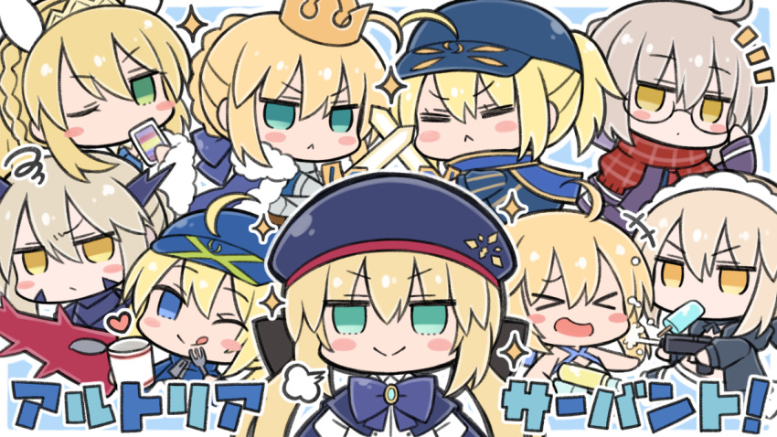 &gt;_&lt; adjusting_eyewear ahoge animal_ears armor artoria_pendragon_(all) artoria_pendragon_(caster) artoria_pendragon_(lancer_alter) artoria_pendragon_(swimsuit_archer) artoria_pendragon_(swimsuit_rider_alter) artoria_pendragon_(swimsuit_ruler)_(fate) beret blonde_hair blue_eyes blue_headwear blue_jacket blue_neckwear blush commentary_request crown fate/grand_order fate_(series) food frilled_hairband frills fur-trimmed_jacket fur_trim glasses green_eyes hair_ornament hairband hat jacket multiple_girls mysterious_heroine_x mysterious_heroine_x_(alter) mysterious_heroine_xx_(foreigner) nejikirio one_eye_closed open_mouth popsicle rabbit_ears rhongomyniad saber scarf smile sparkle surprised tongue tongue_out translation_request water_gun yellow_eyes