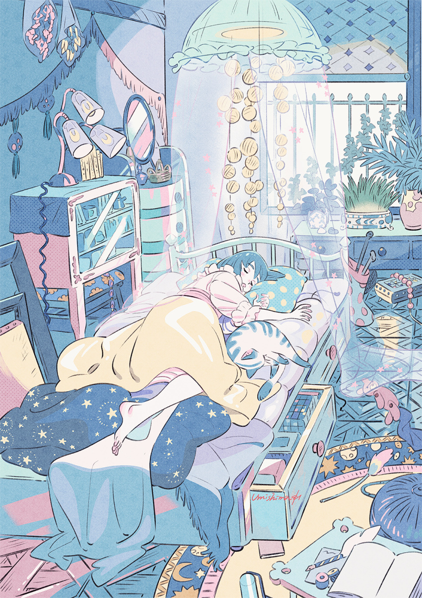 1girl animal barefoot bed blanket blush book canopy_bed cat cat_teaser closed_eyes drawer highres indoors lamp lying mirror on_side open_mouth original pajamas pillow plant potted_plant rug shelf sleeping solo stool stuffed_toy umishima_senbon window