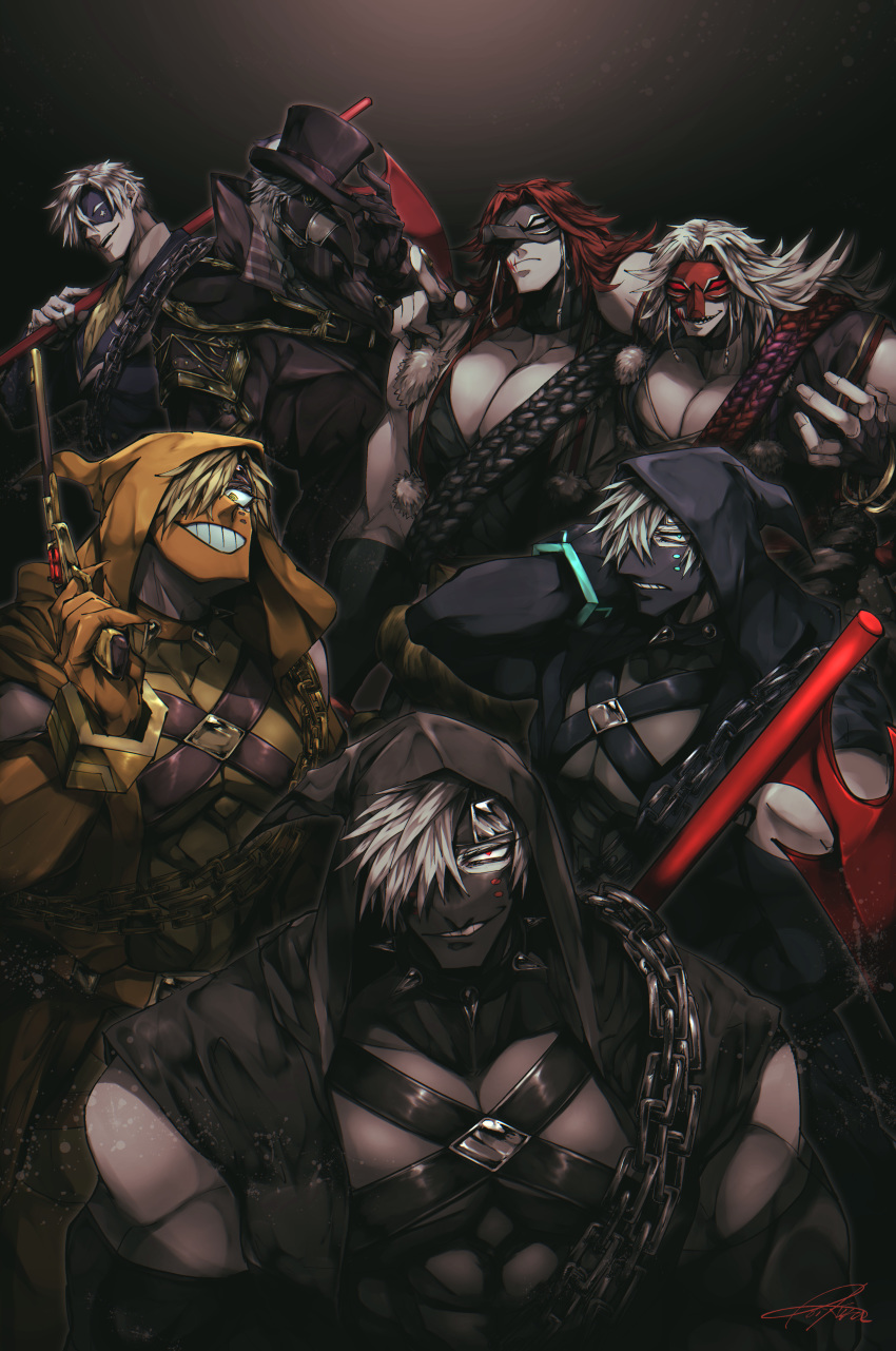 #compass 6+boys :d absurdres aoikuland aqua_eyes blonde_hair chain character_request domino_mask fang grey_hair grin gun hat highres holding holding_gun holding_staff holding_weapon huge_filesize mask mouth_mask multiple_boys open_mouth red_eyes rope sharp_teeth smile spiral_eyes staff teeth top_hat weapon white_hair yellow_eyes