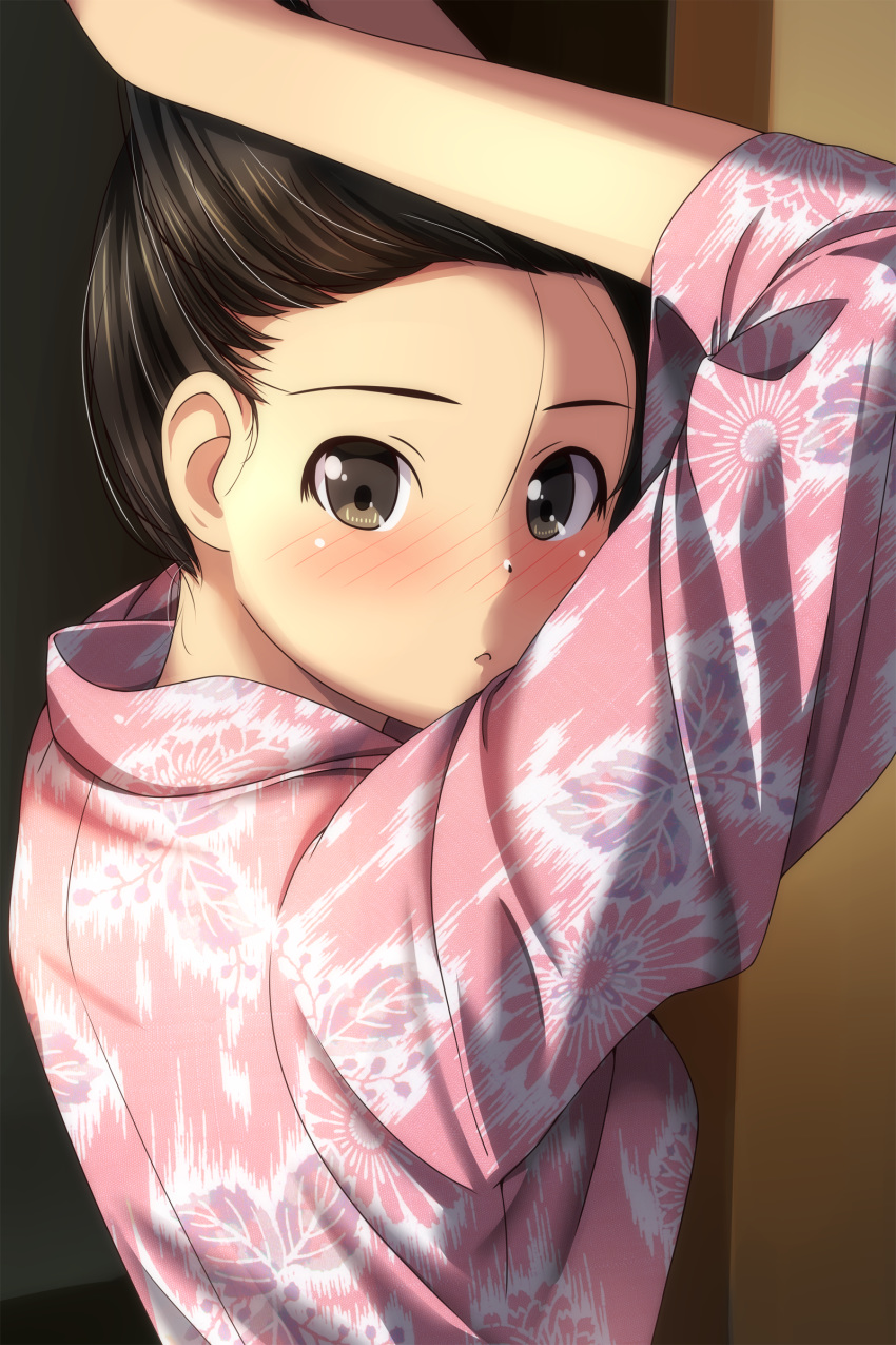 1girl absurdres arms_up black_hair blush brown_eyes chestnut_mouth floral_print forehead highres holding holding_hair japanese_clothes kimono long_sleeves looking_at_viewer looking_to_the_side matsunaga_kouyou nose_blush original parted_lips pink_kimono print_kimono solo upper_body wide_sleeves