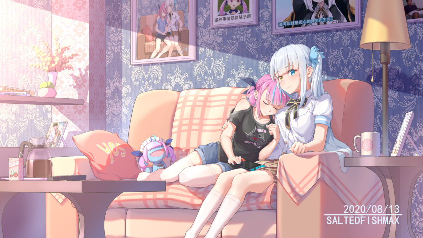 2girls artist_name casual couch cup drill_hair heterochromia highres hololive kagura_mea kagura_mea_channel looking_at_viewer minato_aqua multiple_girls photo_(object) pokemon resting silver_hair thigh-highs twin_drills twintails virtual_youtuber white_background
