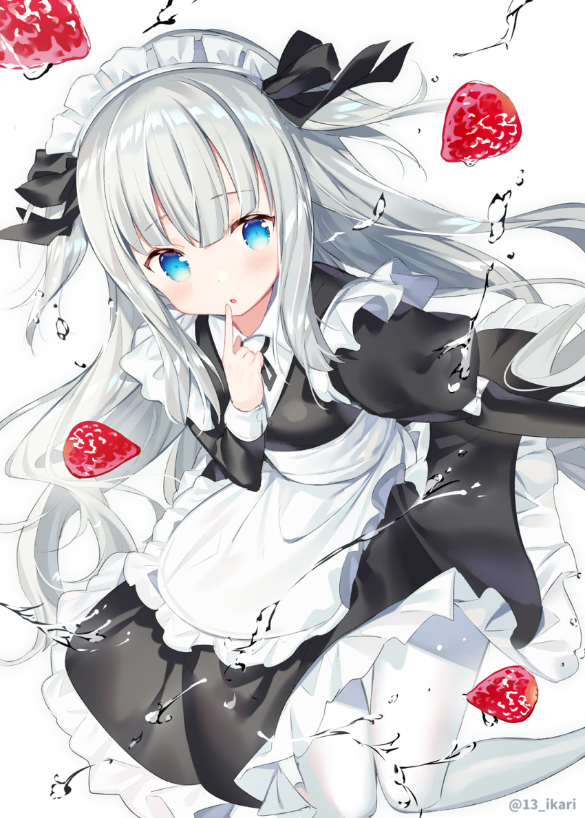 1girl :o apron bangs black_bow black_dress blue_eyes bow commentary_request dress eyebrows_visible_through_hair feet_out_of_frame finger_to_mouth food frilled_apron frilled_dress frills fruit hair_bow hand_up highres ikari_(aor3507) index_finger_raised juliet_sleeves knees_together_feet_apart long_hair long_sleeves maid maid_headdress original pantyhose parted_lips puffy_sleeves silver_hair simple_background solo strawberry twitter_username very_long_hair water white_apron white_background white_legwear