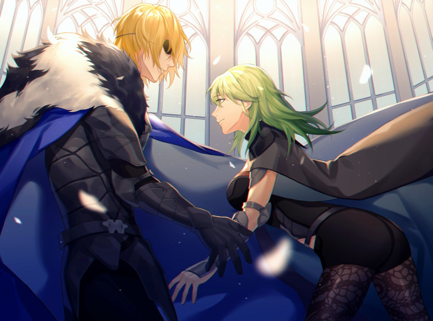 1boy 1girl armor black_legwear blonde_hair breasts byleth_(fire_emblem) byleth_eisner_(female) cape dimitri_alexandre_blaiddyd elbow_pads eyebrows_visible_through_hair eyepatch feathers fire_emblem fire_emblem:_three_houses green_hair highres kyounatsuuu large_breasts long_hair midriff midriff_peek patterned_clothing petals reaching_out short_hair shorts simple_background stained_glass