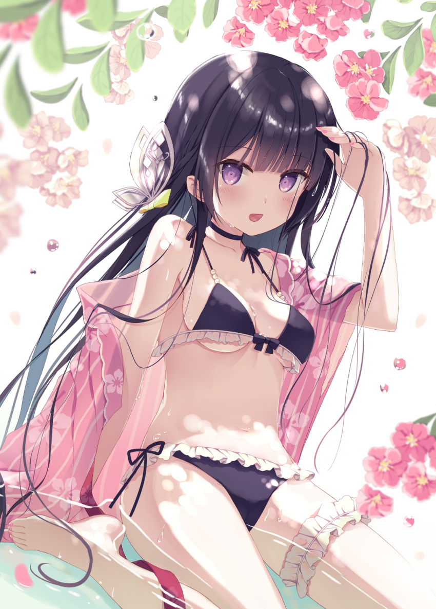 1girl :d arm_up bangs bikini black_bikini black_hair blunt_bangs breasts butterfly_hair_ornament commentary_request dutch_angle eyebrows_visible_through_hair floral_print flower frilled_bikini frills hair_ornament hair_ribbon happi highres humuyun japanese_clothes leaf long_hair looking_at_viewer nail_polish navel open_mouth original partially_submerged petals ribbon simple_background sitting small_breasts smile solo swimsuit thigh_strap thighs under_boob violet_eyes wariza water white_background
