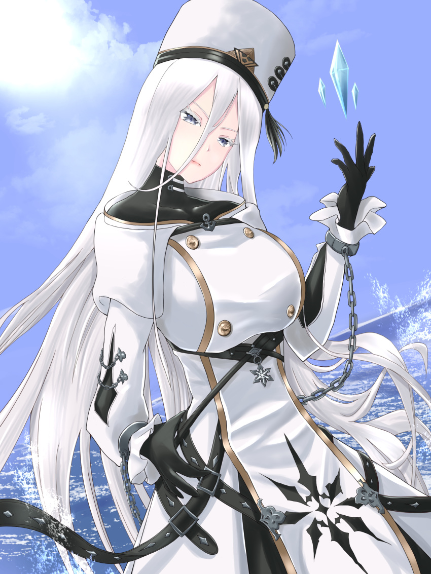 1girl azur_lane belt black_bodysuit blue_eyes blue_sky bodysuit breasts coat covered_collarbone cuffs eyebrows_visible_through_hair hair_between_eyes hat highres large_breasts long_hair looking_at_viewer ocean ocean_bottom shackles silver_hair sky solo sovetsky_soyuz_(azur_lane) white_coat white_hair white_headwear zubi_(skylinezb)