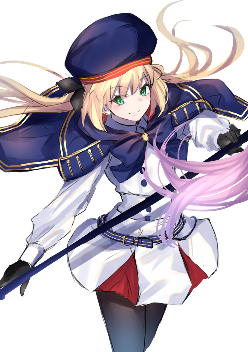 1girl absurdres artoria_pendragon_(all) artoria_pendragon_(caster) bangs belt black_gloves black_legwear black_ribbon blonde_hair blue_capelet breasts capelet closed_mouth commentary_request double-breasted fate/grand_order fate_(series) floating_hair gloves green_eyes hair_ribbon hat highres holding holding_staff jacket long_hair long_sleeves looking_at_viewer mr.doukotsu multicolored multicolored_clothes pantyhose red_skirt ribbon simple_background sketch skirt smile solo staff twintails white_background white_jacket white_skirt