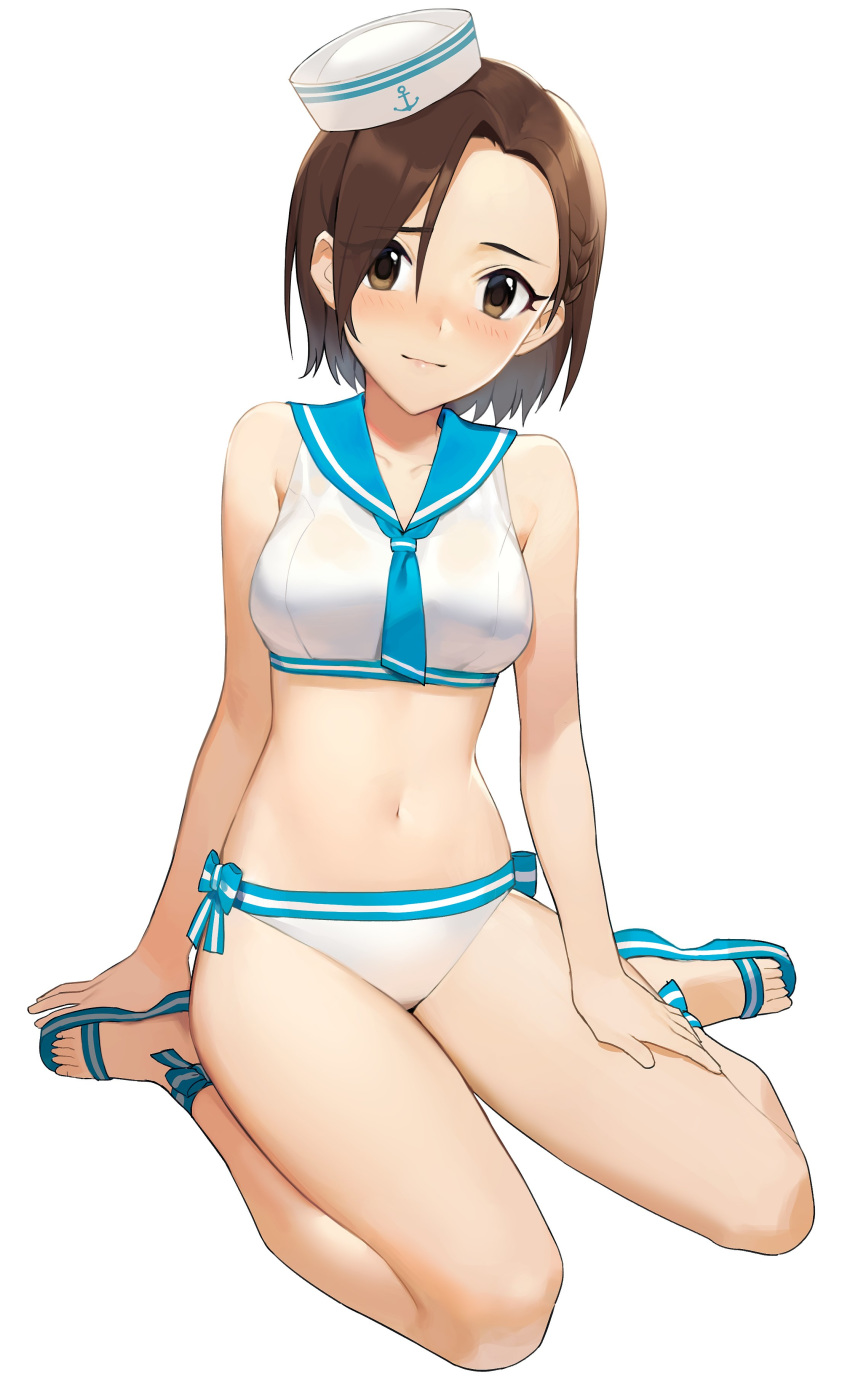 1girl absurdres anchor_symbol bare_arms bare_shoulders bikini blue_footwear blue_neckwear blue_sailor_collar blush breasts brown_eyes brown_hair closed_mouth collarbone commentary_request forehead full_body hand_on_own_thigh hat highres idolmaster idolmaster_cinderella_girls looking_at_viewer medium_breasts mizuki_seira navel neckerchief nose_blush onao sailor_bikini sailor_collar sailor_hat sailor_swimsuit_(idolmaster) sandals short_hair simple_background sitting smile solo stomach swimsuit wariza white_background white_bikini white_headwear