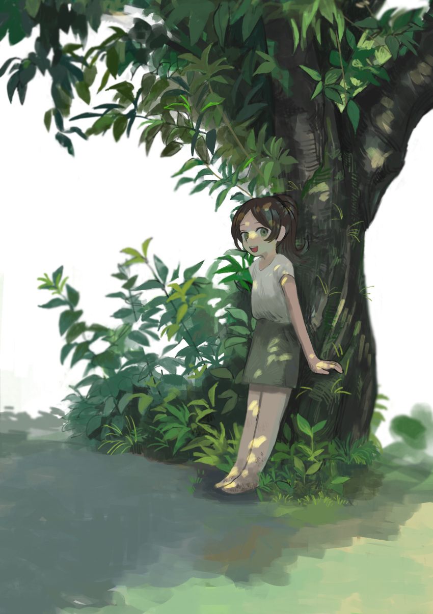 1girl :d absurdres against_tree arms_at_sides barefoot brown_hair commentary_request dappled_sunlight full_body grass green_eyes green_skirt highres leaf legs_together looking_at_viewer open_mouth original outdoors pencil_skirt ponytail round_teeth shirt short_hair short_sleeves simple_background skirt smile solo standing sunlight teeth tree turquoise_iro white_background white_shirt