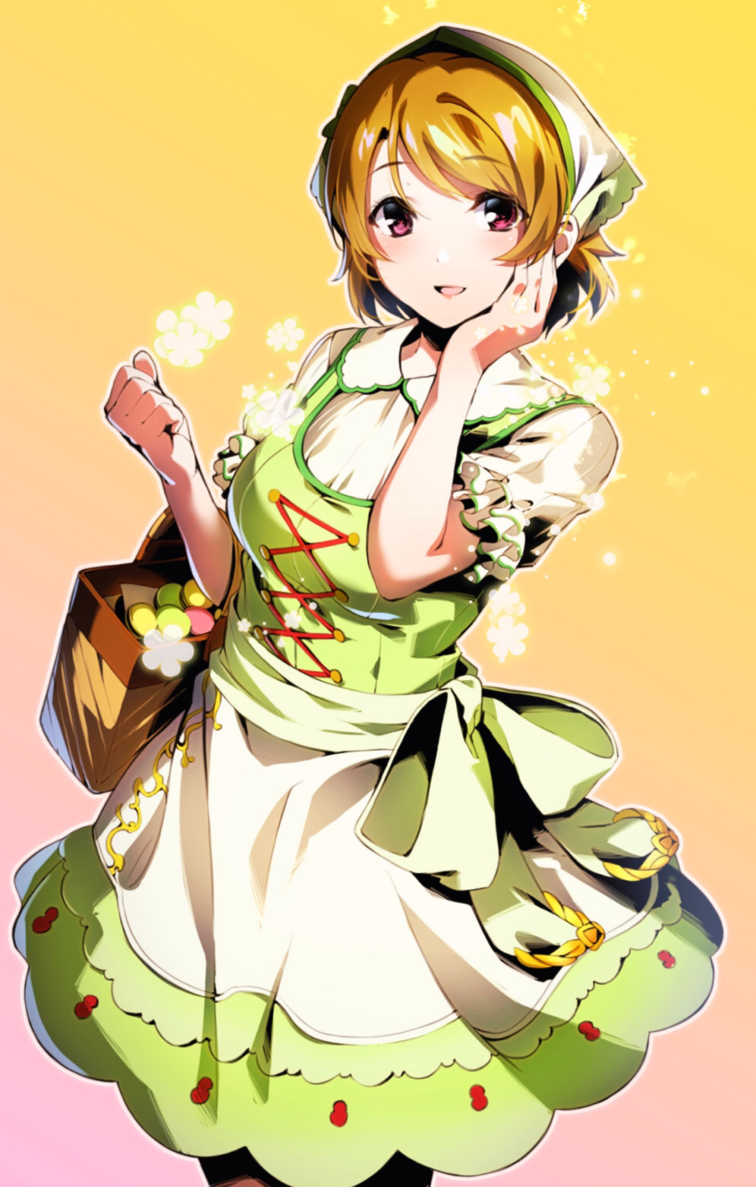 1girl :d absurdres apron bag bangs blonde_hair bow cowboy_shot green_skirt highres holding holding_bag koizumi_hanayo looking_at_viewer love_live! love_live!_school_idol_project nakano_maru open_mouth red_eyes shiny shiny_hair shirt short_hair short_sleeves skirt smile solo standing white_apron white_bow white_shirt yellow_background