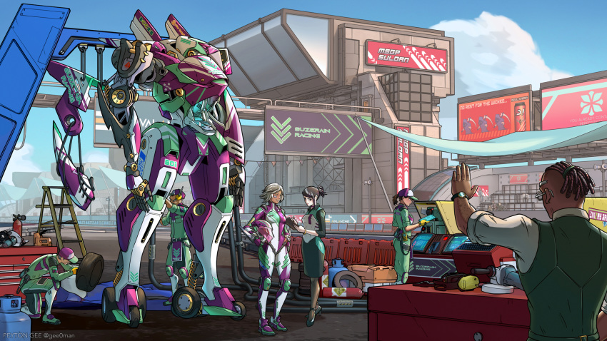 3boys 3girls ad commission dark_skin energy_drink english_commentary hand_up headset helmet highres lancer_rpg logo looking_to_the_side mecha multiple_boys multiple_girls original peyton_gee pilot_suit standing