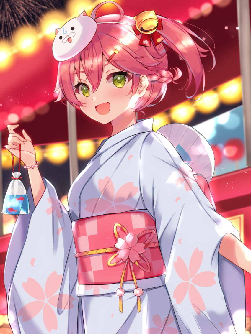 1girl ahoge backlighting bag bagged_fish bangs bell blue_kimono blush bow bracelet braid checkered commentary_request cowboy_shot eyebrows_visible_through_hair fan festival fireworks fish floral_print flower from_side green_eyes hair_bell hair_bow hair_ornament hairclip highres holding hololive japanese_clothes jewelry jingle_bell kimono long_sleeves looking_at_viewer looking_to_the_side mask mask_on_head mi_taro333 night obi one_side_up outdoors paper_fan pink_flower print_kimono red_bow ribbon sakura_miko sash solo uchiwa virtual_youtuber wide_sleeves yellow_ribbon yukata