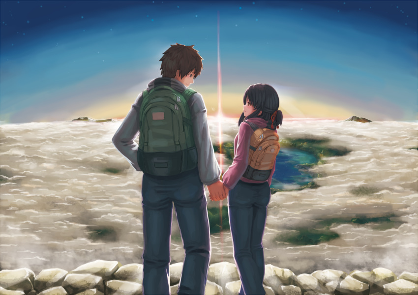 1boy 1girl backpack bag black_hair brown_backpack brown_hair castlevania clouds commentary_request denim green_backpack highres holding_hands it_was_a_long_and_painful_fight jacket jeans kimi_no_na_wa. looking_at_another miyamizu_mitsuha pants parody ranma_(kamenrideroz) spoilers sunset tachibana_taki
