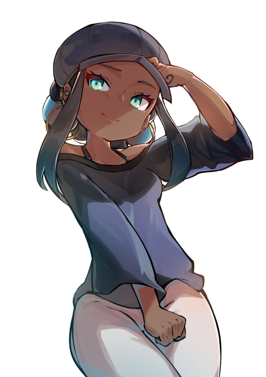 1girl black_hair black_headwear bongnom breasts clenched_hand closed_mouth commentary dark_skin earrings eyelashes eyeshadow gold_earrings green_eyes hand_on_headwear hat highres jewelry looking_to_the_side makeup pants pokemon pokemon:_twilight_wings pokemon_(anime) rurina_(pokemon) shirt simple_background smile solo