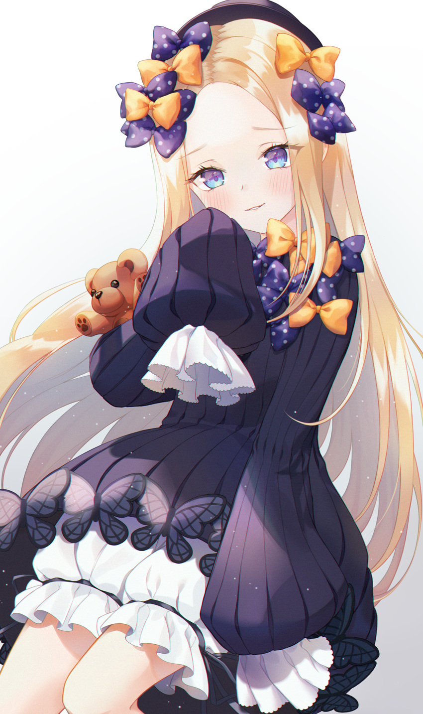 1girl abigail_williams_(fate/grand_order) bangs black_bow black_dress black_headwear blonde_hair blue_eyes blush bow breasts dress fate/grand_order fate_(series) forehead hair_bow hat highres long_hair looking_at_viewer multiple_bows orange_bow parted_bangs parted_lips polka_dot polka_dot_bow ribbed_dress simple_background sleeves_past_fingers sleeves_past_wrists small_breasts smile stuffed_animal stuffed_toy teddy_bear tellmedor white_background white_bloomers