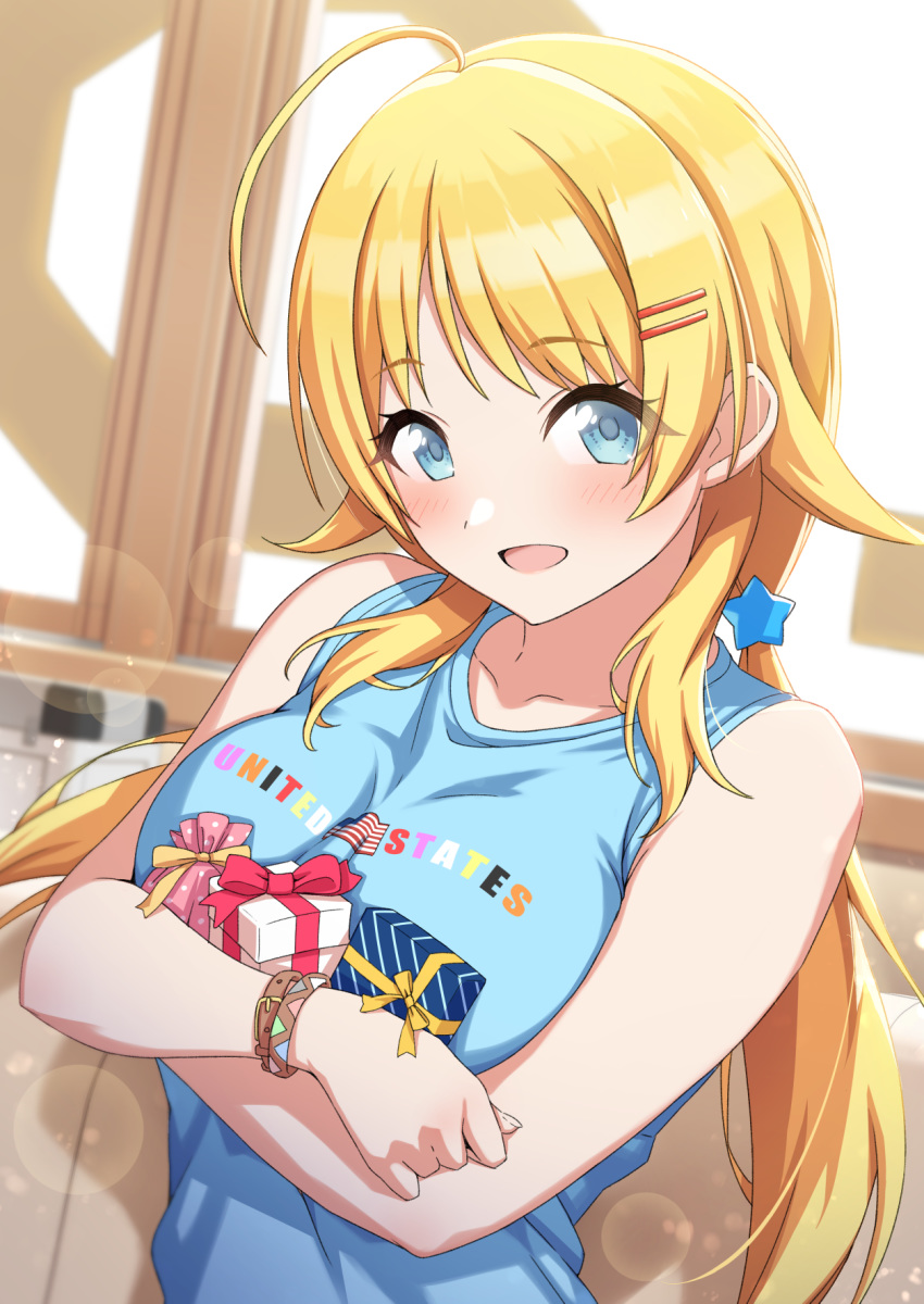 1girl :d ahoge amochin bangs blonde_hair blue_eyes blue_shirt bracelet breast_hold breasts collarbone crossed_arms eyebrows_visible_through_hair gift hachimiya_meguru hair_behind_ear hair_ornament hairclip highres idolmaster idolmaster_shiny_colors jewelry large_breasts long_hair looking_at_viewer low_twintails open_mouth shiny shiny_hair shirt sidelocks sleeveless sleeveless_shirt smile solo twintails