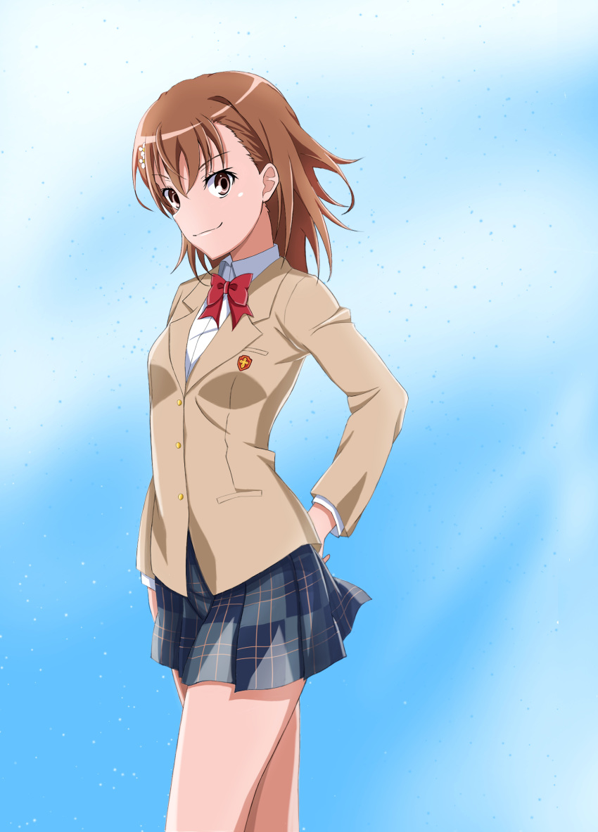 1girl bangs blazer blue_background blue_skirt bow bowtie breasts brown_eyes brown_hair cameron_(pawoo) closed_mouth collared_shirt dress_shirt flower hair_between_eyes hair_flower hair_ornament hand_on_hip highres jacket looking_at_viewer medium_hair miniskirt misaka_mikoto plaid plaid_skirt pleated_skirt red_bow red_neckwear school_uniform shiny shiny_hair shirt skirt small_breasts smile solo standing to_aru_majutsu_no_index tokiwadai_school_uniform white_flower white_shirt wing_collar