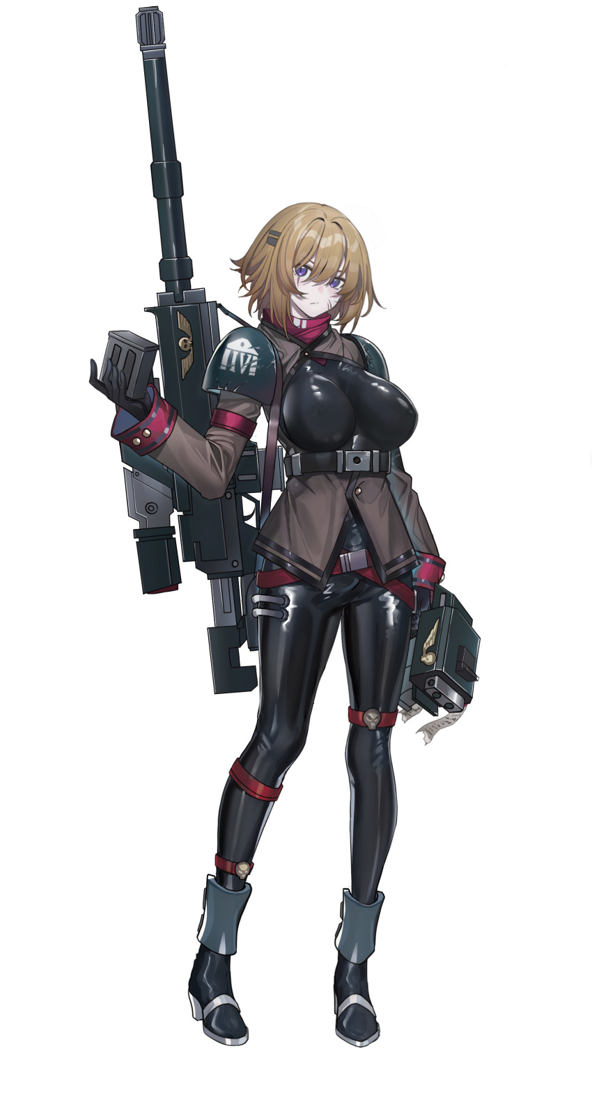 1girl absurdres armor belt belt_buckle breasts brown_hair buckle echj full_body gloves gun hair_between_eyes high_heels highres large_breasts long_sleeves looking_at_viewer original short_hair shoulder_armor simple_background solo standing violet_eyes weapon white_background