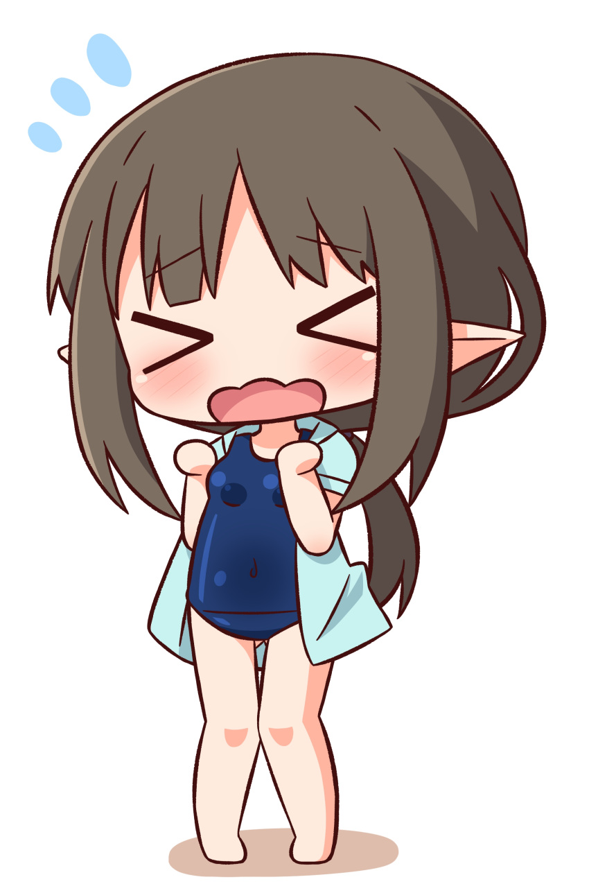 &gt;_&lt; 1girl absurdres bangs bare_legs barefoot blue_jacket blue_swimsuit blush breasts brown_hair character_request chibi closed_eyes colored_shadow commentary_request covered_navel eyebrows_visible_through_hair facing_viewer flying_sweatdrops full_body hana_kazari highres jacket long_hair old_school_swimsuit one-piece_swimsuit open_clothes open_jacket open_mouth pointy_ears princess_connect! princess_connect!_re:dive school_swimsuit shadow short_sleeves sidelocks small_breasts solo standing swimsuit very_long_hair wavy_mouth white_background