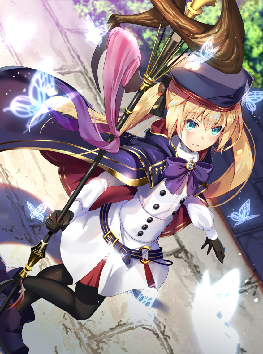 1girl artoria_pendragon_(all) artoria_pendragon_(caster) belt belt_buckle blonde_hair blue_eyes buckle eyebrows_visible_through_hair fate/grand_order fate_(series) gloves hair_between_eyes hat highres holding holding_staff long_hair long_sleeves looking_at_viewer pantyhose renka_(renkas) smile solo staff standing twintails