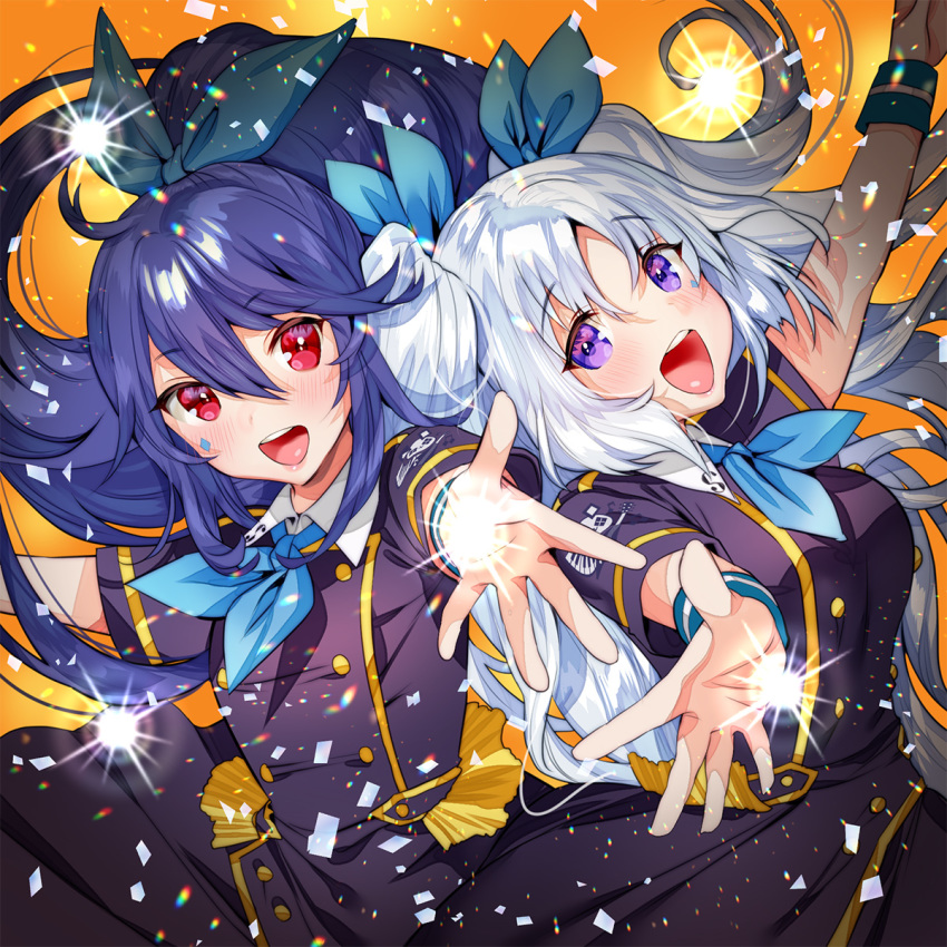 :d bangs blue_hair blue_neckwear blue_ribbon blush collared_dress double-breasted dress eyebrows_visible_through_hair floating_hair hair_ribbon highres kerchief light_particles official_art ogino_atsuki open_mouth original outstretched_arms ponytail purple_dress reaching_out red_eyes ribbon short_sleeves sidelocks silver_hair smile sparkle two_side_up violet_eyes wind wind_lift wristband
