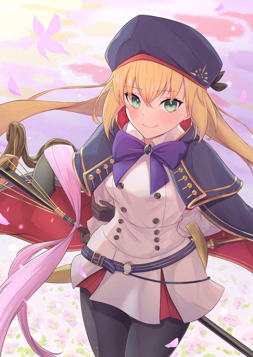 1girl artoria_pendragon_(all) artoria_pendragon_(caster) blonde_hair breasts cocoablue23 commentary_request cowboy_shot eyebrows_visible_through_hair fate/grand_order fate_(series) gloves green_eyes hair_between_eyes hat highres holding holding_staff long_hair long_sleeves looking_at_viewer medium_breasts pantyhose smile solo staff standing twintails