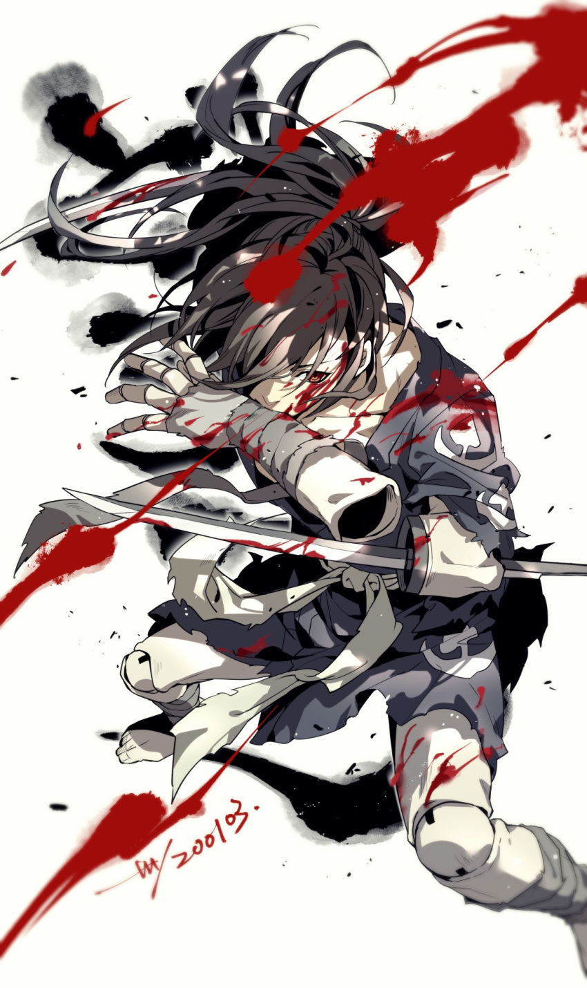 1boy amputee bandages black_hair blood dororo_(tezuka) hair_over_one_eye highres hyakkimaru_(dororo) japanese_clothes katana kimono long_hair looking_at_viewer male_focus monochrome mouth_hold ponytail prosthesis prosthetic_arm sashiyu sheath simple_background solo sword torn_clothes weapon