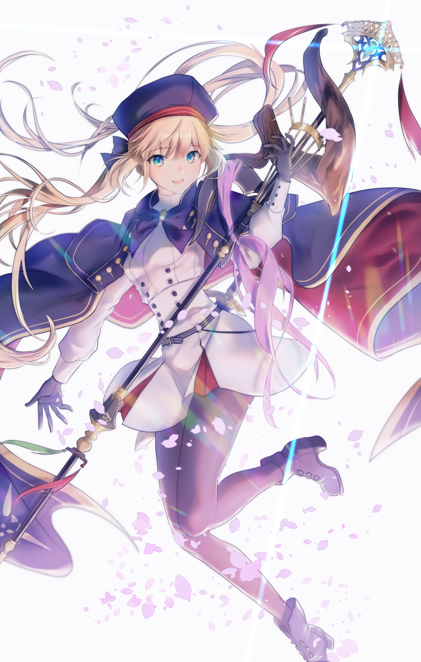 1girl absurdres akebono_kt artoria_pendragon_(all) artoria_pendragon_(caster) bangs belt black_gloves blonde_hair blue_belt blue_capelet blue_headwear boots breasts capelet dress fate/grand_order fate_(series) gloves green_eyes highres holding holding_staff long_hair long_sleeves looking_at_viewer multicolored_capelet open_mouth pantyhose smile staff twintails white_dress