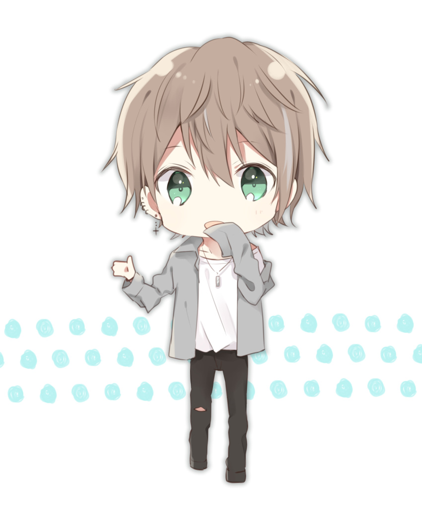 1boy bangs black_footwear black_outline black_pants blush brown_hair cross cross_earrings earrings eyebrows_visible_through_hair full_body green_eyes grey_jacket hachimitsu_honey hair_between_eyes hands_up highres jacket jewelry latin_cross long_sleeves looking_at_viewer male_focus off_shoulder open_clothes open_jacket open_mouth original outline pants shirt shoes sleeves_past_fingers sleeves_past_wrists solo standing white_background white_shirt