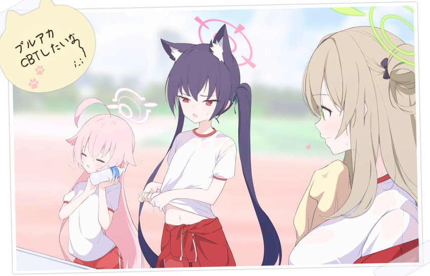 3girls abae ahoge animal_ears black_hair blue_archive blurry blurry_background bottle brown_hair buruma cat_ears character_request closed_eyes green_eyes hair_ornament highres long_hair multiple_girls navel open_mouth pink_hair red_eyes traditional_media water_bottle