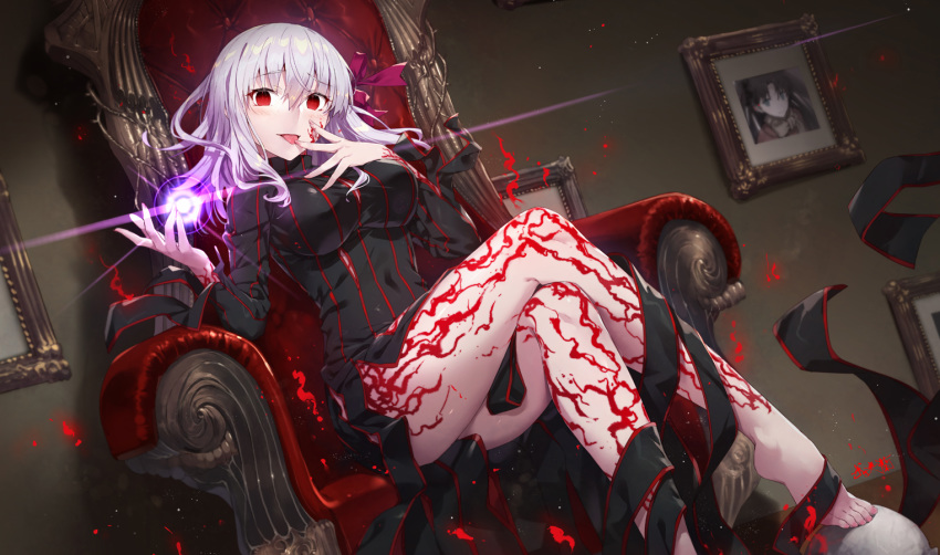 1girl chair commentary_request corruption dark_sakura dress eyebrows_visible_through_hair fate/stay_night fate_(series) gabiran heaven's_feel long_hair looking_at_viewer matou_sakura photo_(object) picture_frame red_eyes sitting solo tohsaka_rin tongue tongue_out white_hair