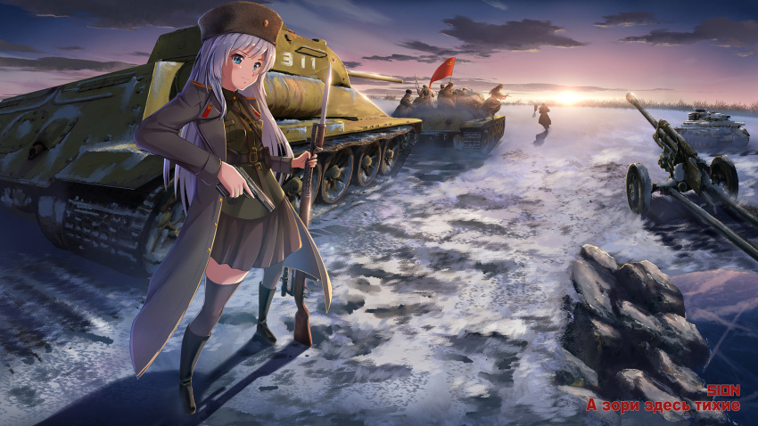 6+girls anti-tank_gun bayonet blue_eyes bolt_action breasts caterpillar_tracks clouds commentary_request communism day flag fur_hat grass ground_vehicle gun handgun hat highres long_hair military military_vehicle mosin-nagant motor_vehicle multiple_girls original panzerkampfwagen_iii pistol rifle rock scenery sion005 skirt sky snow soviet_army soviet_flag sun t-34 tank tokarev_tt-33 ushanka weapon white_hair