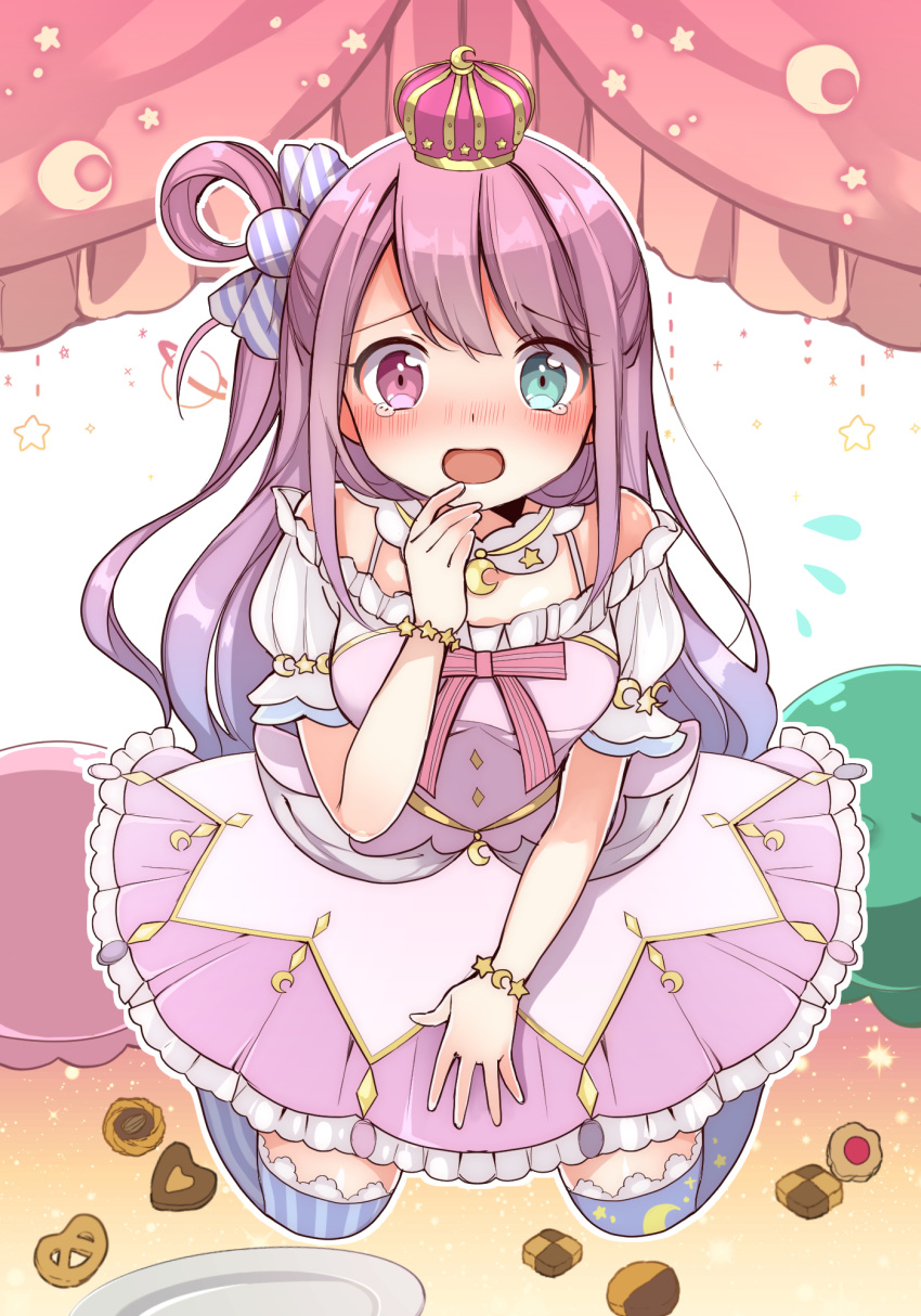1girl aqua_eyes blush bracelet candy_hair_ornament checkerboard_cookie commentary cookie crescent crown crying crying_with_eyes_open dress food food_themed_hair_ornament from_above hair_ornament hair_rings heart-shaped_food heterochromia highres himemori_luna hololive jewelry kneeling long_hair looking_at_viewer nose_blush open_mouth pink_dress pink_eyes pink_hair princess solo star_(symbol) tears toru_nagase virtual_youtuber