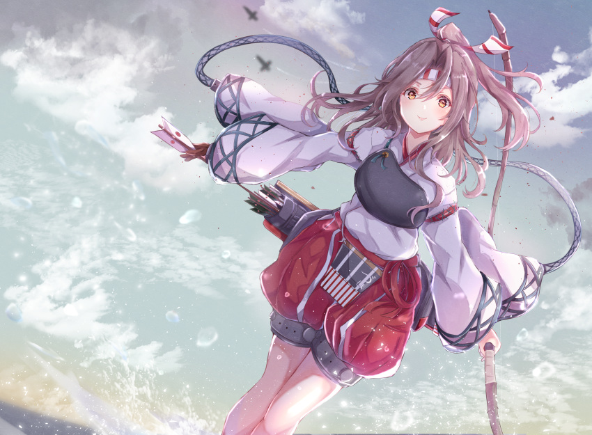 1girl absurdres arrow_(projectile) blue_sky bow_(weapon) clouds commentary_request dutch_angle feet_out_of_frame gradient_sky grey_hair hachimaki hakama hakama_pants headband high_ponytail highres huge_filesize japanese_clothes kantai_collection long_hair looking_at_viewer muneate ponytail quiver red_hakama red_shorts sa-ya2 shorts sky smile solo weapon zuihou_(kantai_collection)