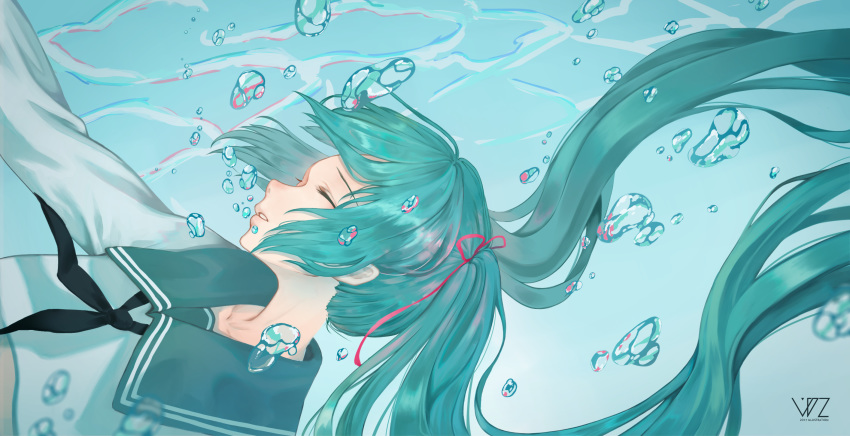 1girl air_bubble aqua_hair black_neckwear bubble closed_eyes commentary_request crop_top dated floating_hair from_side hair_ribbon hatsune_miku hatsune_miku_(vocaloid4)_(chinese) highres long_hair long_sleeves necktie nose parted_lips pink_ribbon ribbon shin_(2100684) shiny shiny_hair shirt solo submerged very_long_hair vocaloid vsinger water white_shirt