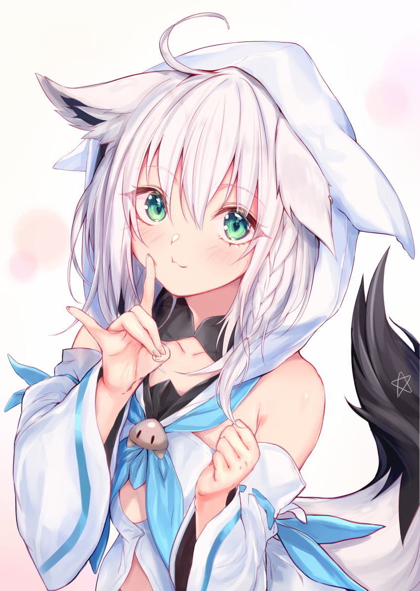 1girl absurdres ahoge animal_ear_fluff animal_ears bare_shoulders blue_eyes blue_neckwear blue_ribbon braid clenched_hand collarbone commentary_request detached_sleeves earrings eyebrows_visible_through_hair eyes_visible_through_hair finger_to_cheek flat_chest fox_ears fox_girl fox_shadow_puppet fox_tail heart heart-shaped_pupils highres hololive hood jewelry long_sleeves looking_at_viewer medium_hair pentagram ribbon school_uniform serafuku shirakami_fubuki simple_background smile solo sukemyon symbol-shaped_pupils tail upper_body virtual_youtuber white_background white_hair