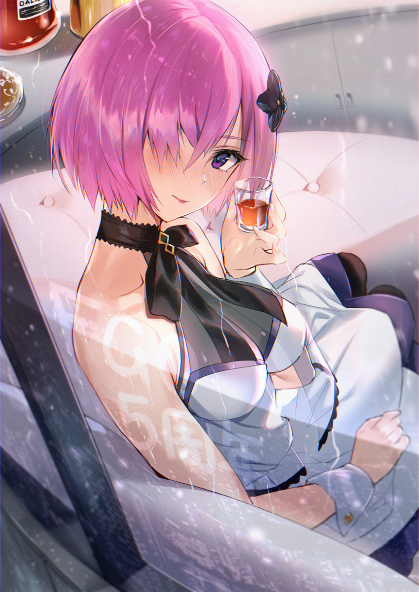 1girl alcohol bare_shoulders black_ribbon blush breasts collarbone commentary cuffs cup dress drinking_glass fate/grand_order fate_(series) hair_ornament hair_over_one_eye head_tilt highres lipstick looking_at_viewer makeup mash_kyrielight medium_breasts mhk_(mechamania) pink_hair rain ribbon short_hair shot_glass sitting under_the_same_sky violet_eyes window window_writing