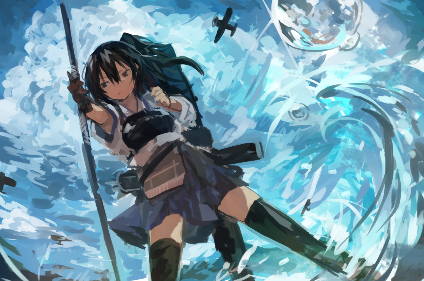 1girl absurdres aircraft bangs black_legwear blue_hakama bow_(weapon) brown_gloves closed_mouth clouds day flight_deck gloves hair_between_eyes hakama hakama_skirt highres holding holding_bow_(weapon) holding_weapon japanese_clothes kaamin_(mariarose753) kaga_(kantai_collection) kantai_collection muneate outdoors partly_fingerless_gloves ponytail rigging side_ponytail single_glove sky solo sweat tasuki thigh-highs water water_drop weapon yugake
